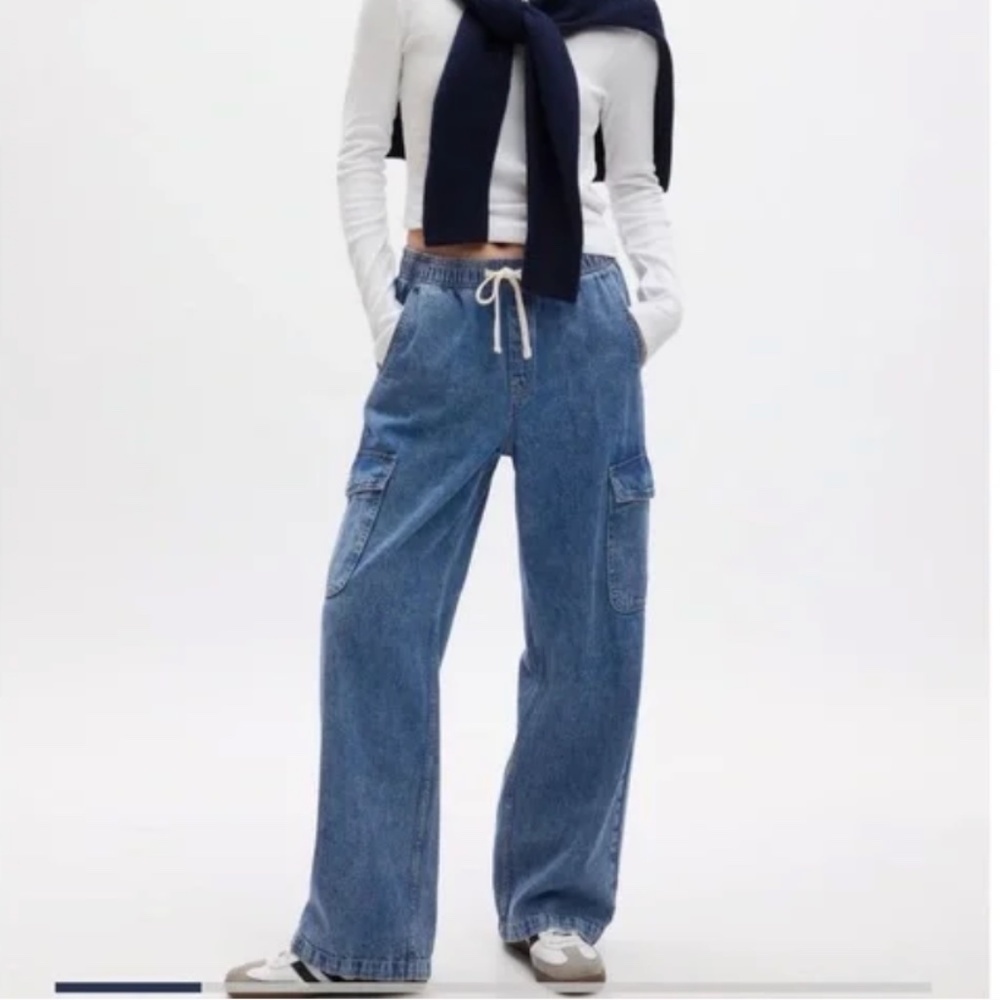 Gap Classic High Rise Pull On Wide Leg Cargo Jeans Medium Wash